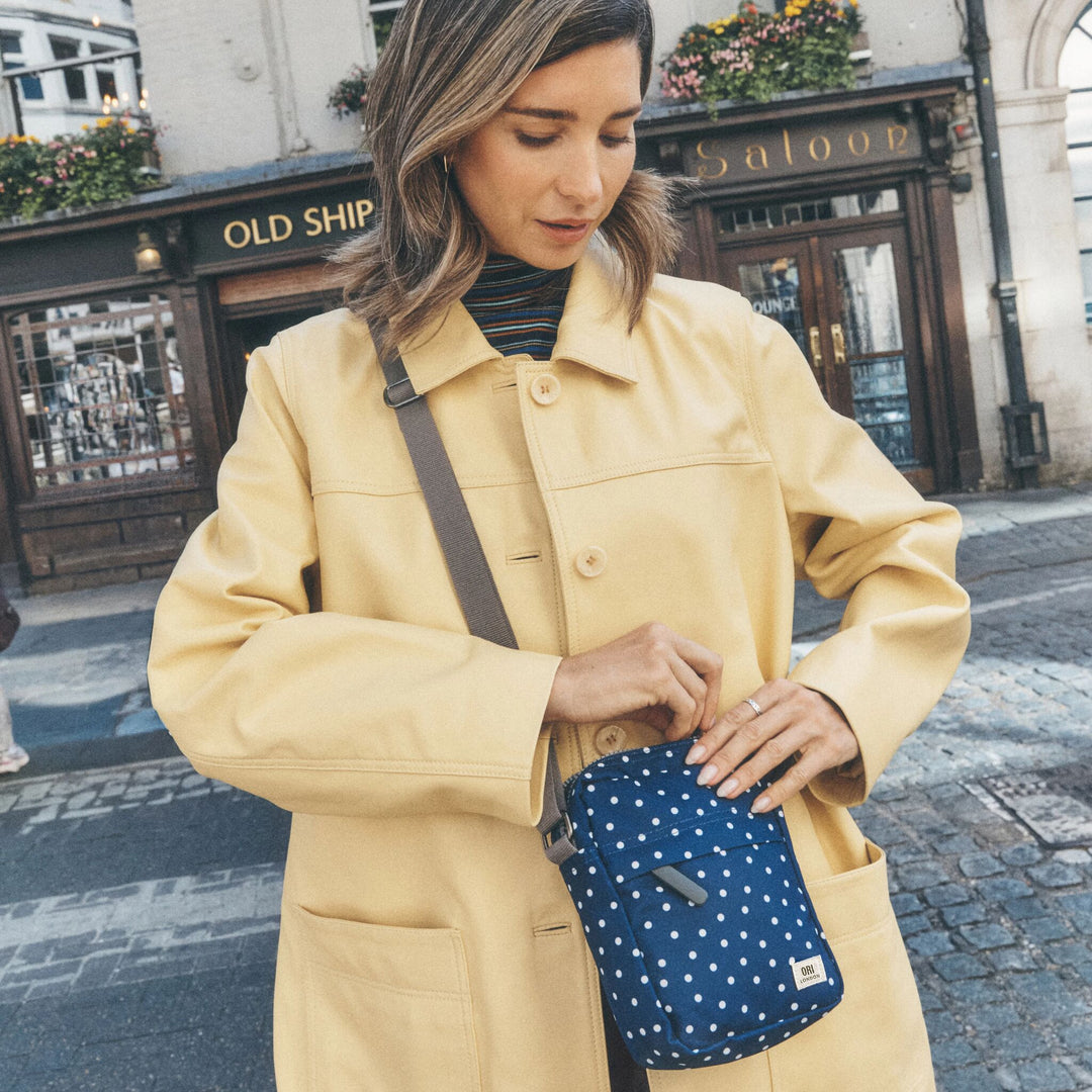 Bond Pocket Crossbody Bag in Navy Polka Dot
