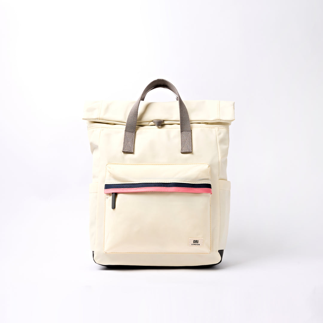 cognac leather backpack womens with stripe ORI London - Canfield Roll Top Backpack in Wax Paper Stripe